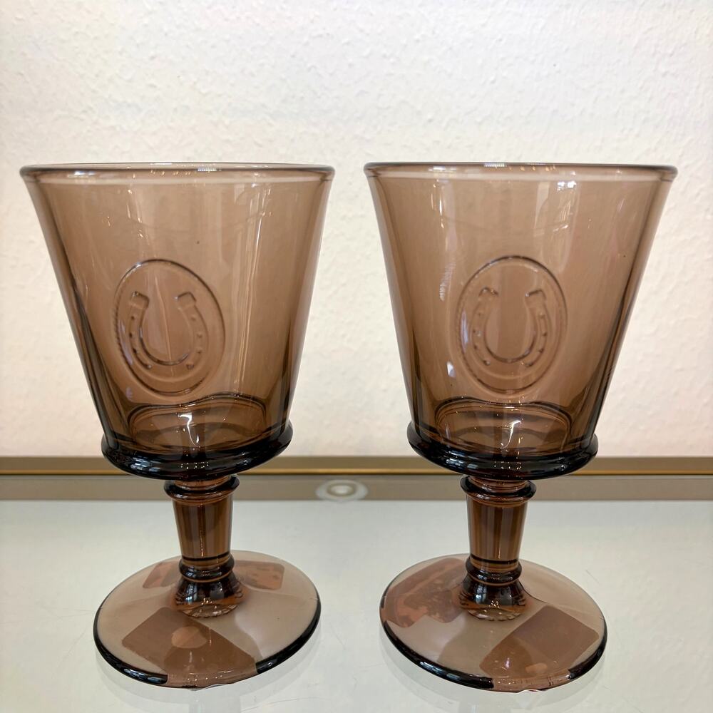 La Rochere France Lucky Horseshoe Wine Glass Set of 2 Mocha Amber Brown NEW